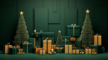 Gifts and presents wrapped in green and gold with Christmas trees. 