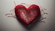 Red thread making up the shape of a heart. 