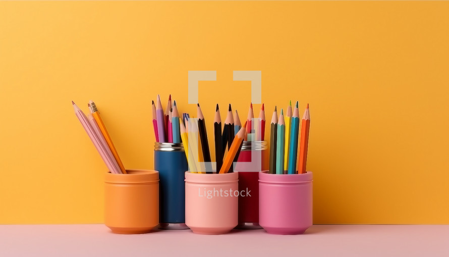 School equipment on matte color with copy space