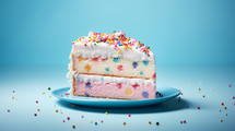 Piece of cut birthday cake with sprinkles. 