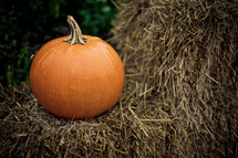 A single orange pumpkin sits on a bale of hay.