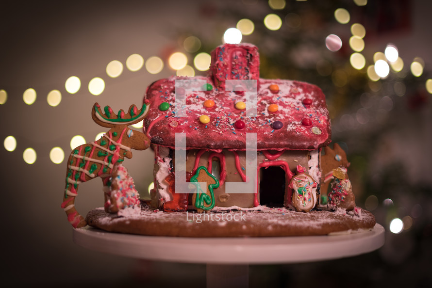 homemade gingerbread house and bokeh Christmas tree lights 
