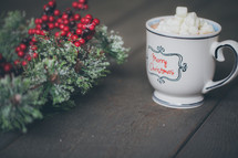 marshmallows in a mug of hot cocoa and holly 