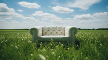 White loveseat in the middle of a meadow. 