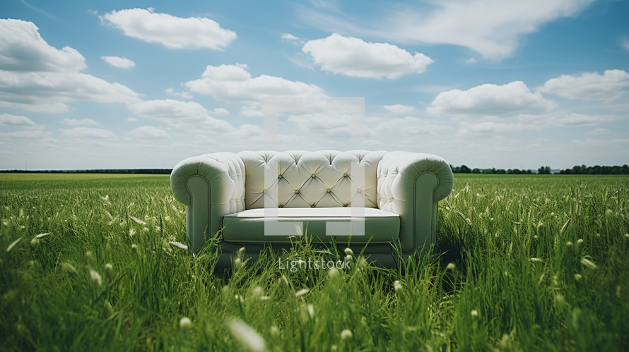 White loveseat in the middle of a meadow. 