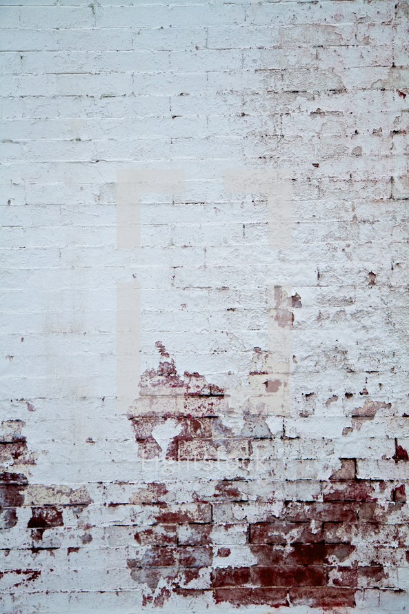 Delapidated, white-washed brick wall.