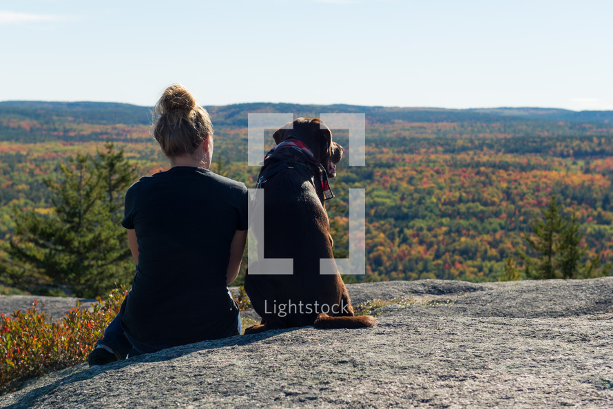 a woman looking out at a fall forest on a mountaintop with her dog 