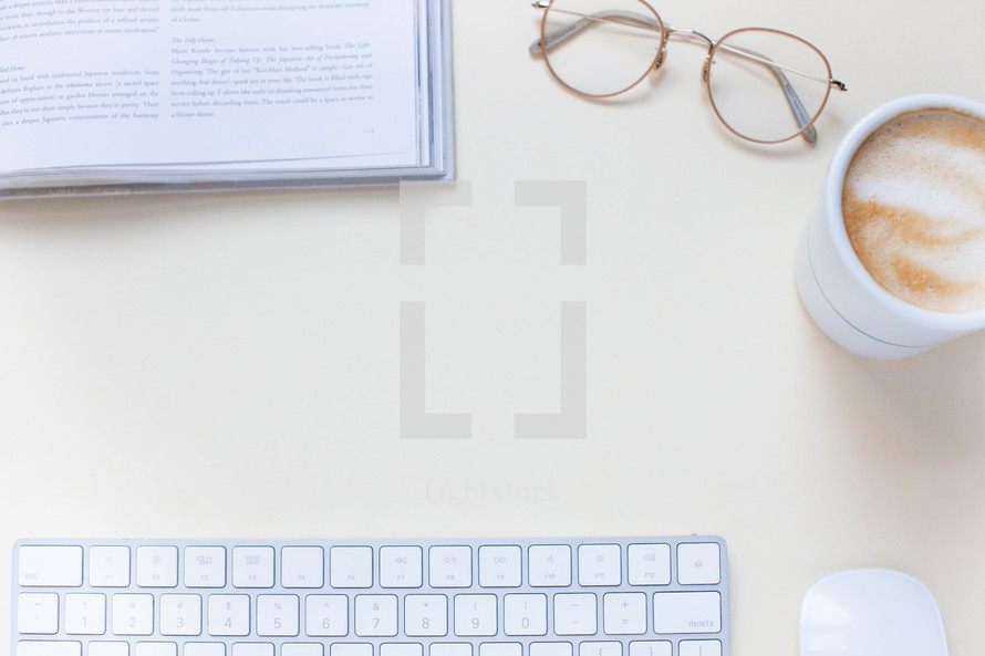 coffee cup, reading glasses, computer keyboard, copy space, desk 