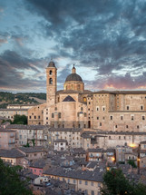 Panorama in Urbino city in Italy at sunset. 