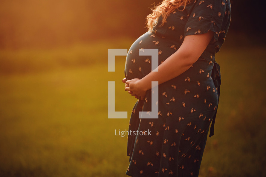 Silhouette of a pregnant woman in a beautiful dress on a light background.