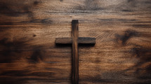 Wooden cross on a wood background.