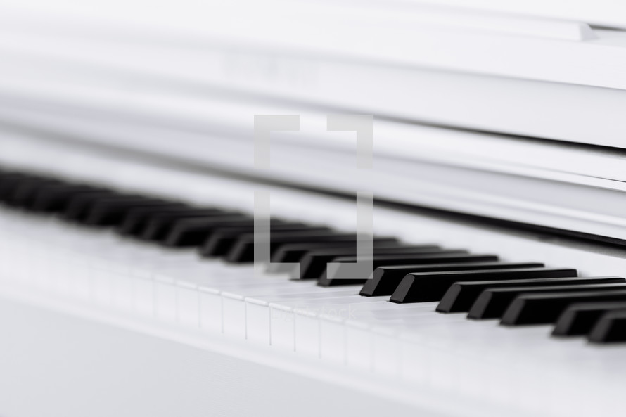 Close side view of shiny black and white piano keys with the reflection of the white edge from low angle with shallow depth of field. selective focus.