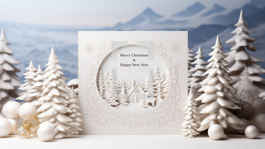 Exclusive white Christmas with a small village and pine trees surrounding it. 