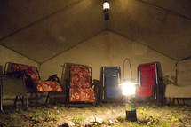 a glowing lantern in a tent