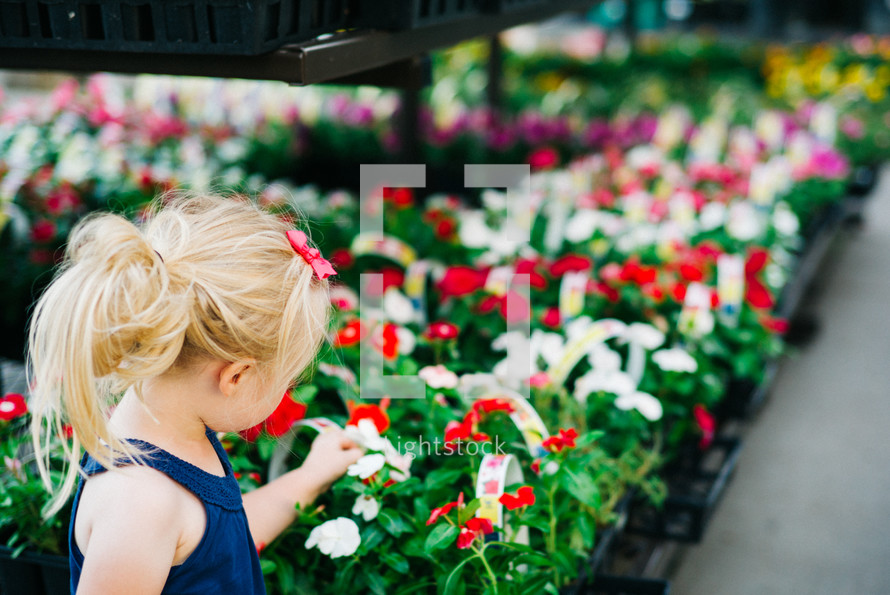 girl child picking out flowers in a garden center 