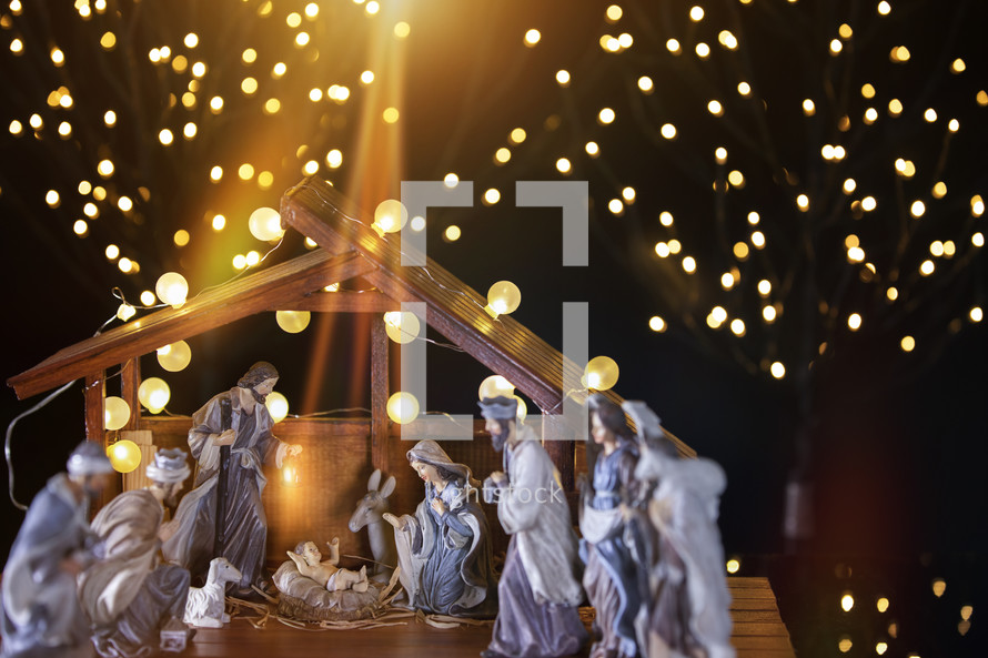 Nativity scene and Christmas lights 