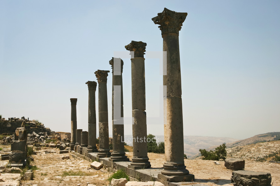 pilars at a ruins site in Umm Qais, Jordan 