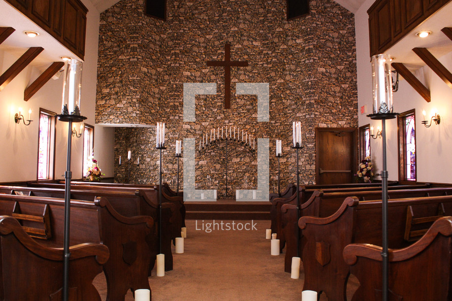 candelabra, altar, pews, church, candles, wedding, cross