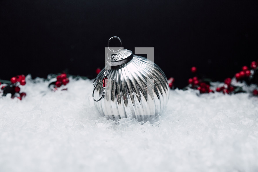 silver ornament in snow 