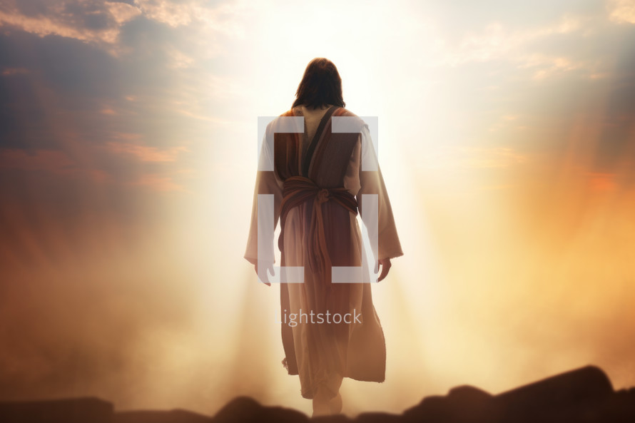 Jesus christ walking victoriously into the dawn  