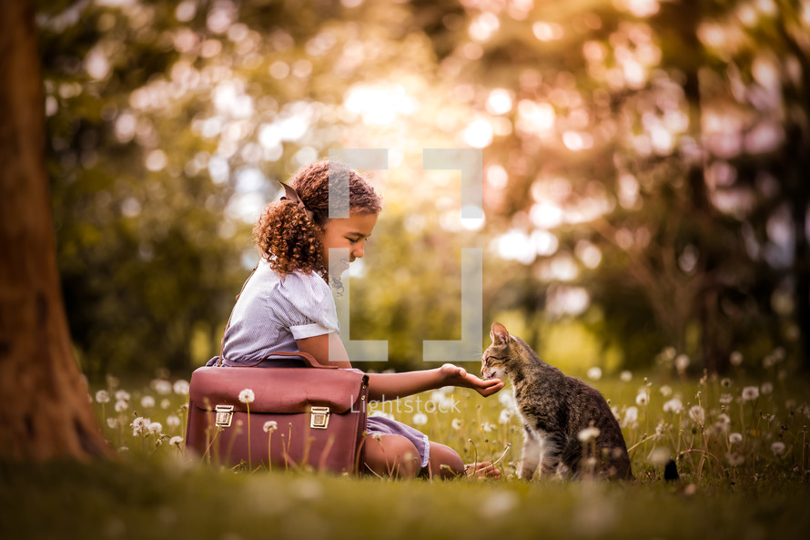 a child petting a cat on a summer day 