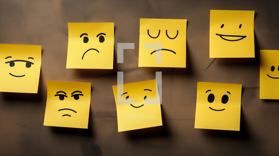 Sad and happy faces drawn on yellow sticky notes. 