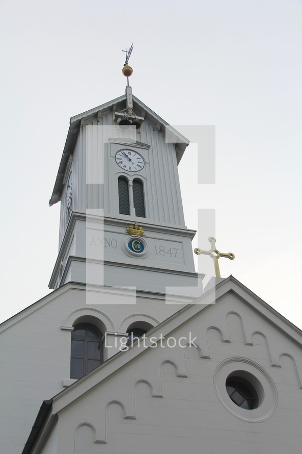 Roofline and steeple of an Icelandic church.