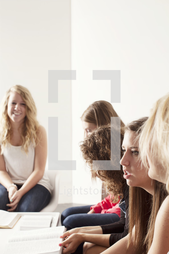 young women gathered at a Bible study 