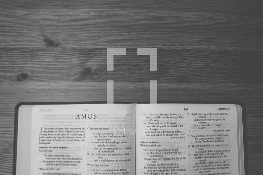 Bible on a wooden table open to the book of Amos.