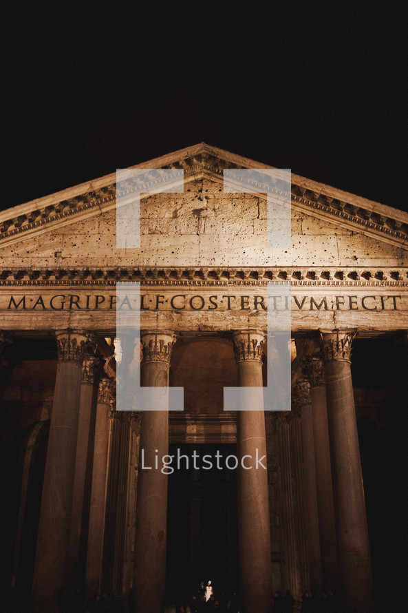 Lighted Pantheon at night.
