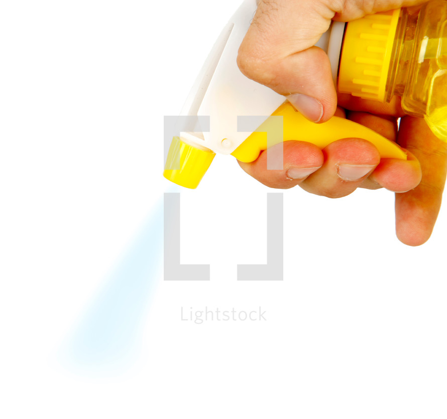 Hand with spray bottle for cleaning, isolated on white background.