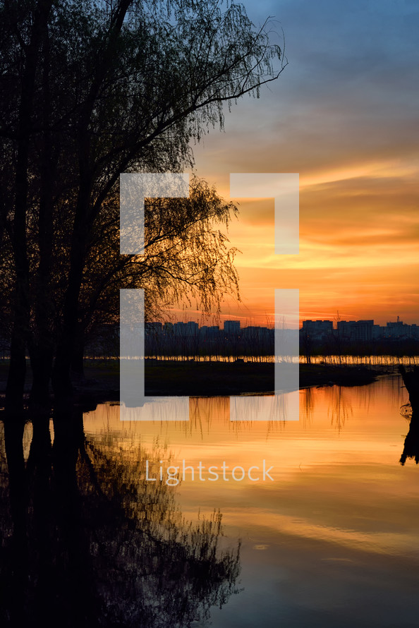 Sunset over Danube River and Galati City, Romania