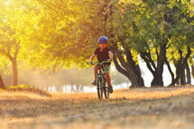 Happy kid boy of 7 years having fun in autumn park with a bicycle on beautiful fall day. Active child wearing bike helmet