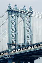 bridge, closeup, bridge supports, cables, city, buildings