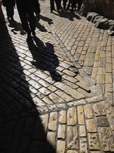 shadows on a cobblestone street 
