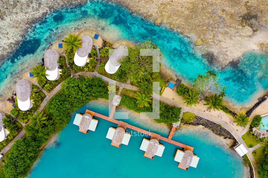 aerial view over an island resort 