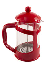 Red coffee press on white background