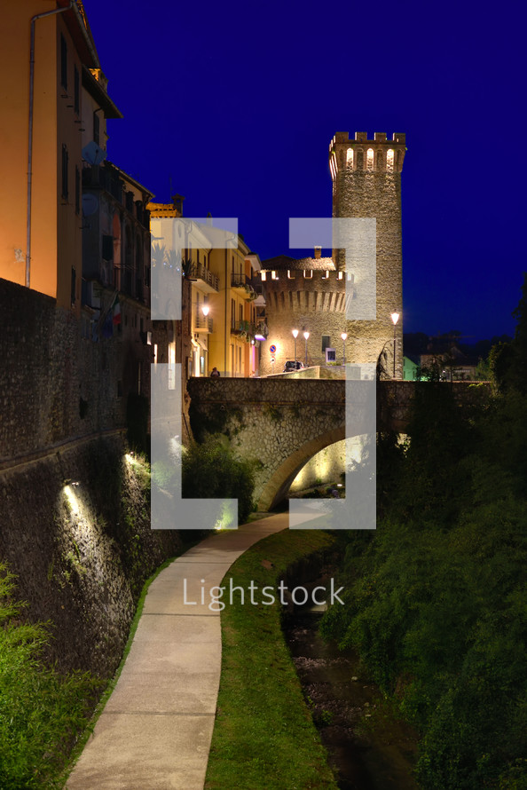 historical center of Umbertide, a historic Italian city. Night landscape of the old town lit with artificial lighting.