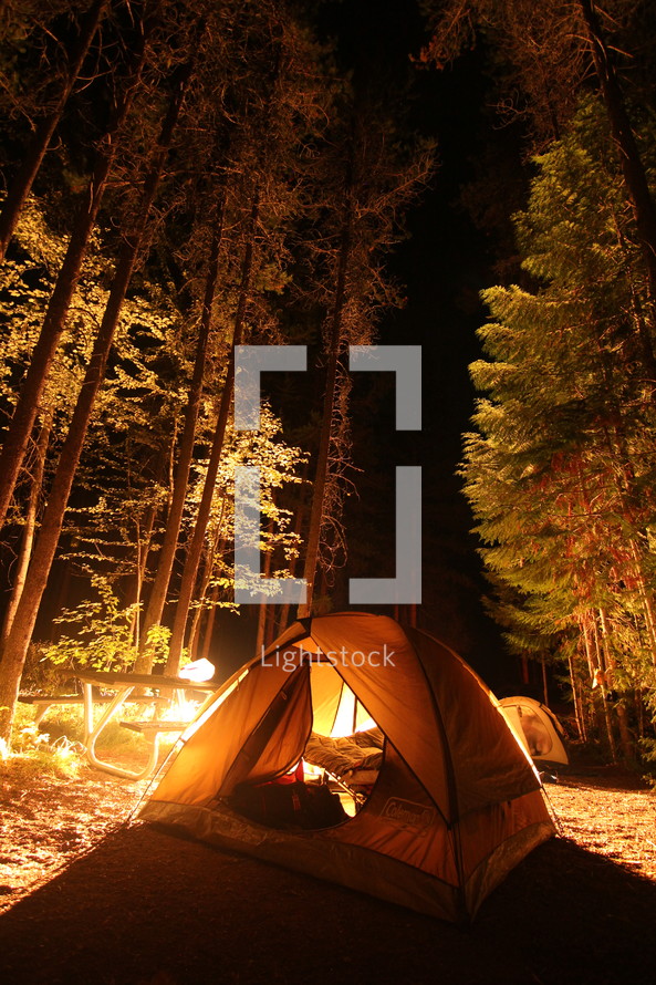 a tent in a forest at night 