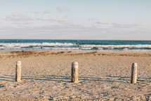 wood posts on a beach 