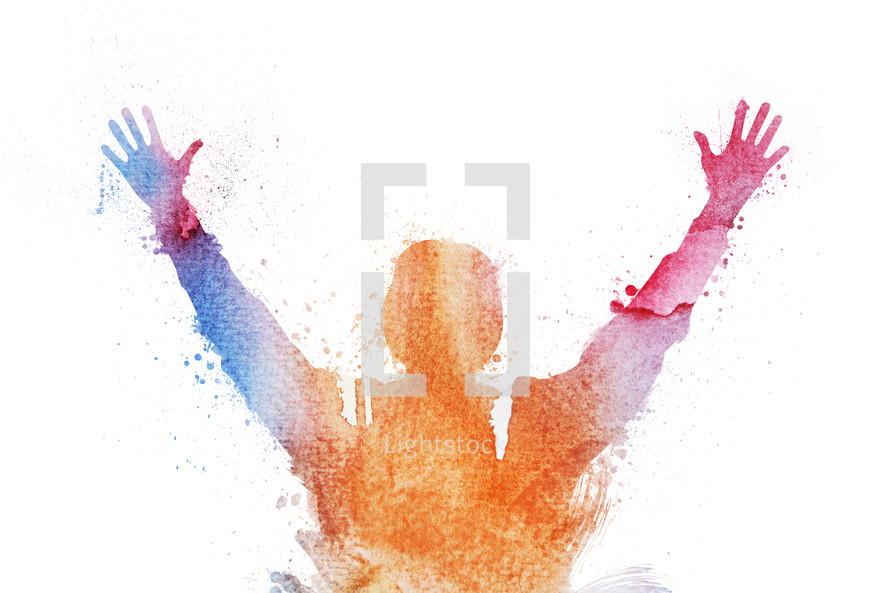 watercolor artwork of person raising their hands in worship. 