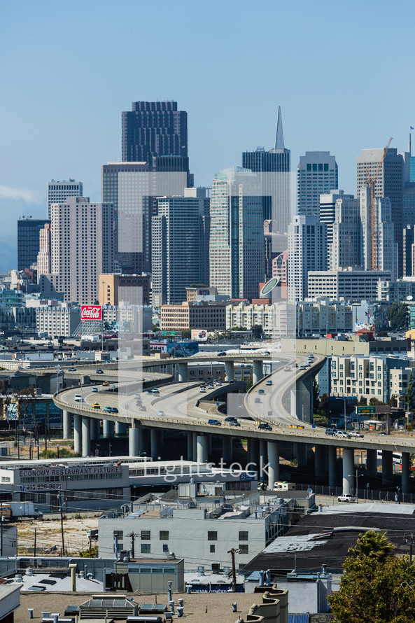 San Francisco City highway skyline, skyscrapers metropolitan bridge, california