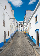 blue and white painted buildings along a cobblestone road 
