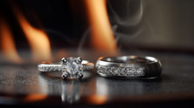 Two wedding rings with flame in the background. Divorce concept. 