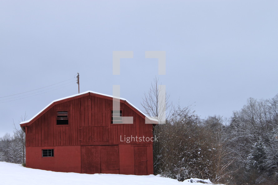red barn and snow