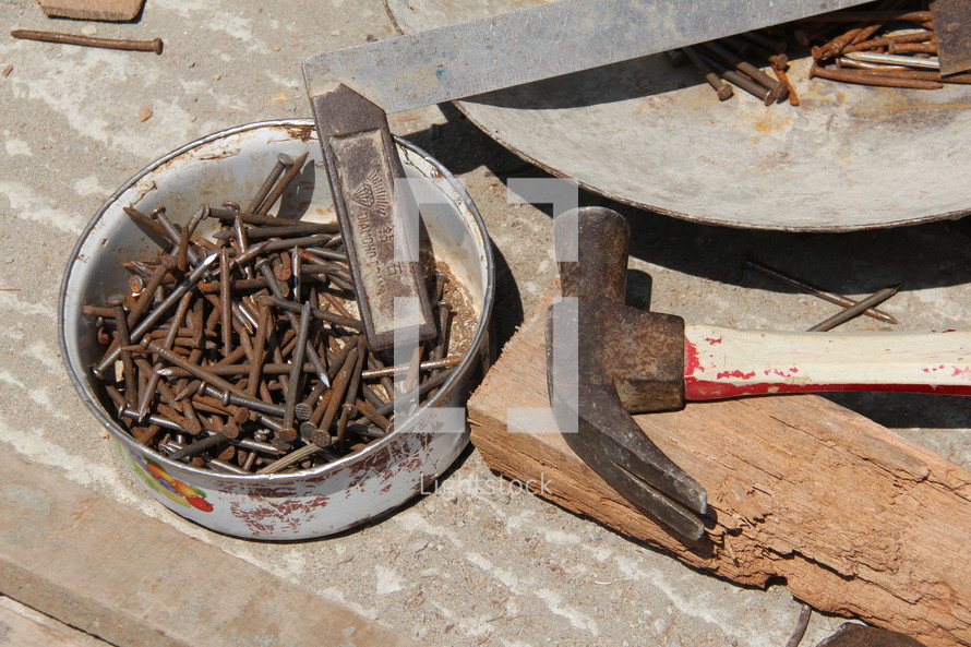 rusty, nails, hammer, crow bar, tools, chisel