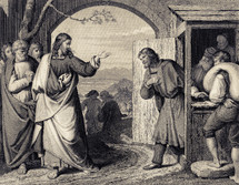 A painting depicting Jesus calling Matthew.