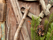 Christmas background with branches and pine branches with pine cones.