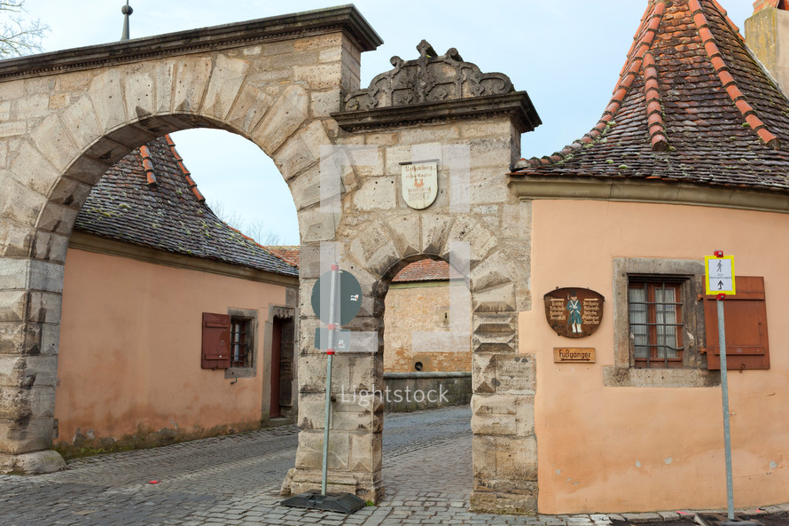 Old castle gate with castle tower of Rothenburg ob der Tauber in Germany