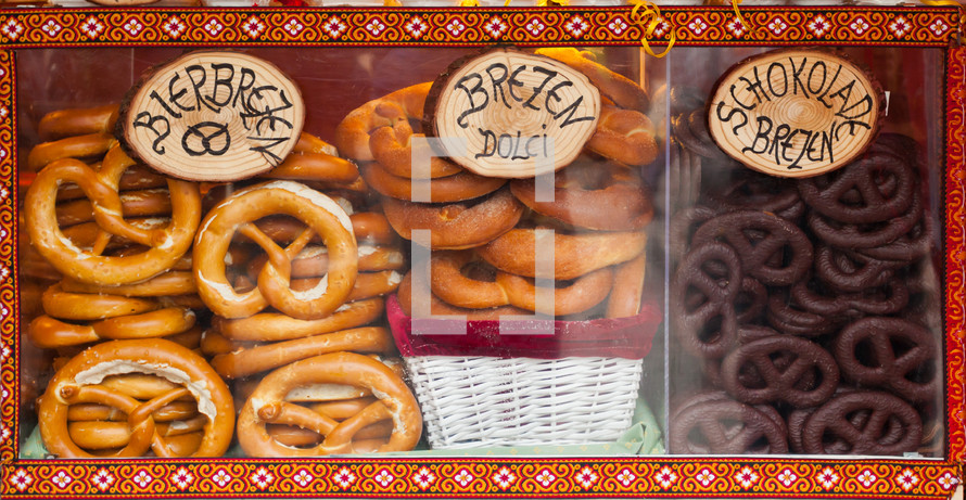 Sale of typical pretzel in a Christmas market.